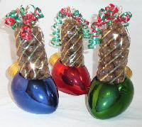Christmas Light Bulb | Chocolate Caramel Popcorn - A holiday light bulb shaped candy dish filled with  pound of chocolate covered caramel corn decorated with festive colored ribbons.